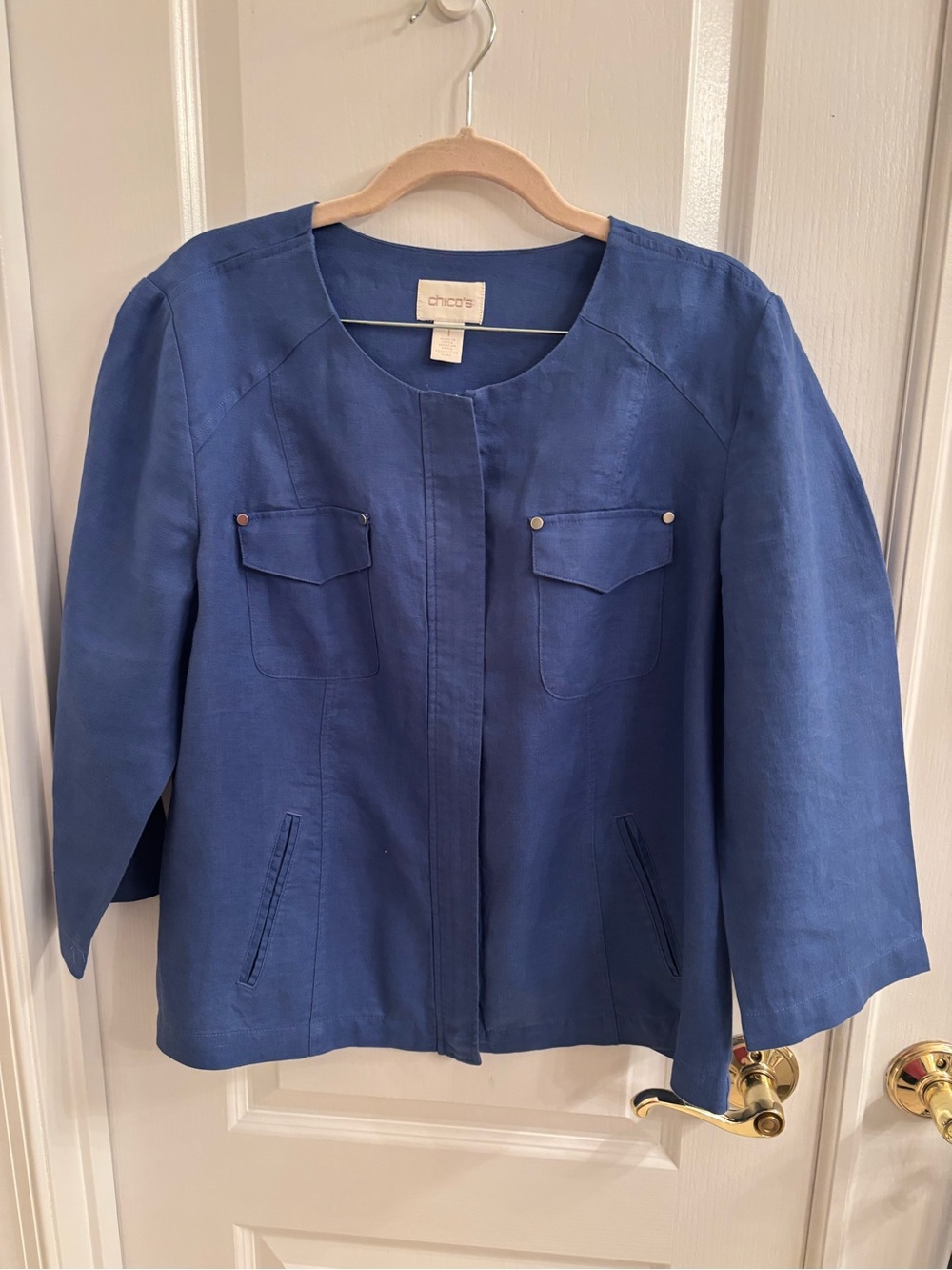 Chico's Periwinkle Linen Collarless Jacket